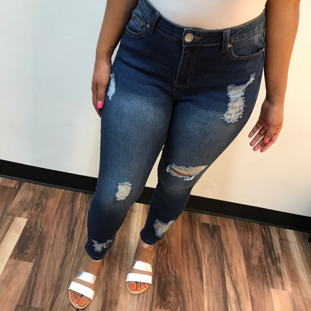 ‼️ Dark Distressed Style Ripped Stretch Jeans - Picture 7 of 8
